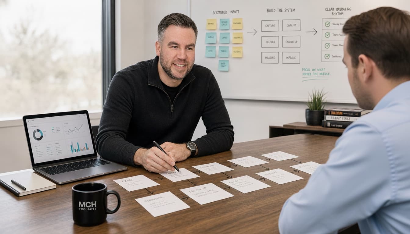 Matt Henderson reviewing workflow cards with a business owner