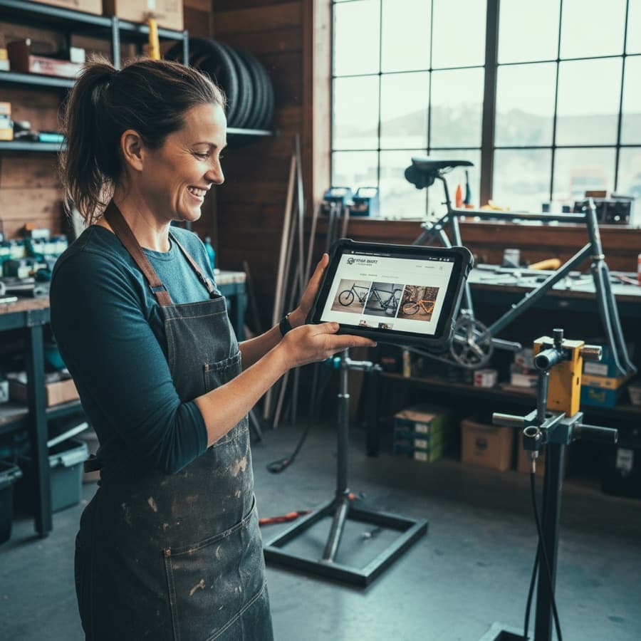 Small business owner holding a tablet showing their newly-built website