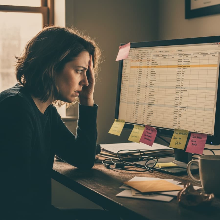 Frustrated business owner staring at a clunky spreadsheet covered in sticky notes