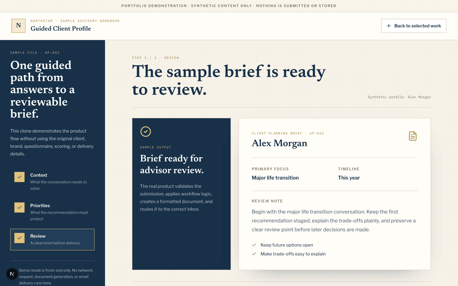 Generated advisory brief for a synthetic client profile in the CPQ demo